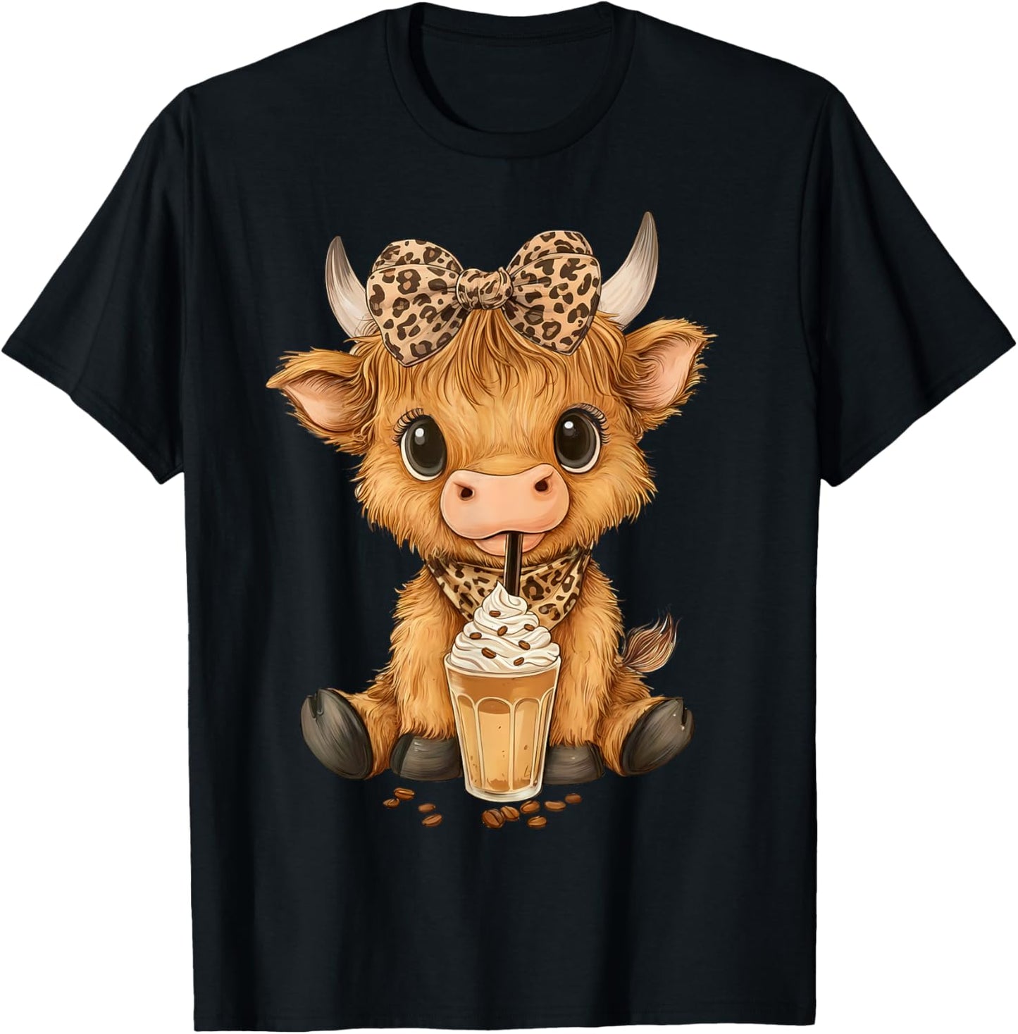 Highland Cow Cute Leopard Coquette Bow Drink Coffee Cowgirl T-Shirt - T-Shirt | Black