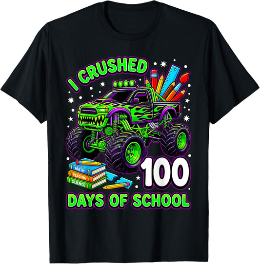 I Crushed 100 Days of School Monster Truck Boys 100th Day T-Shirt - T-Shirt | Black