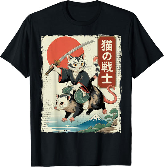 Funny Cat Riding Opossum Japanese Ukiyo-e Art Samurai Cat T-Shirt - T-Shirt | Black