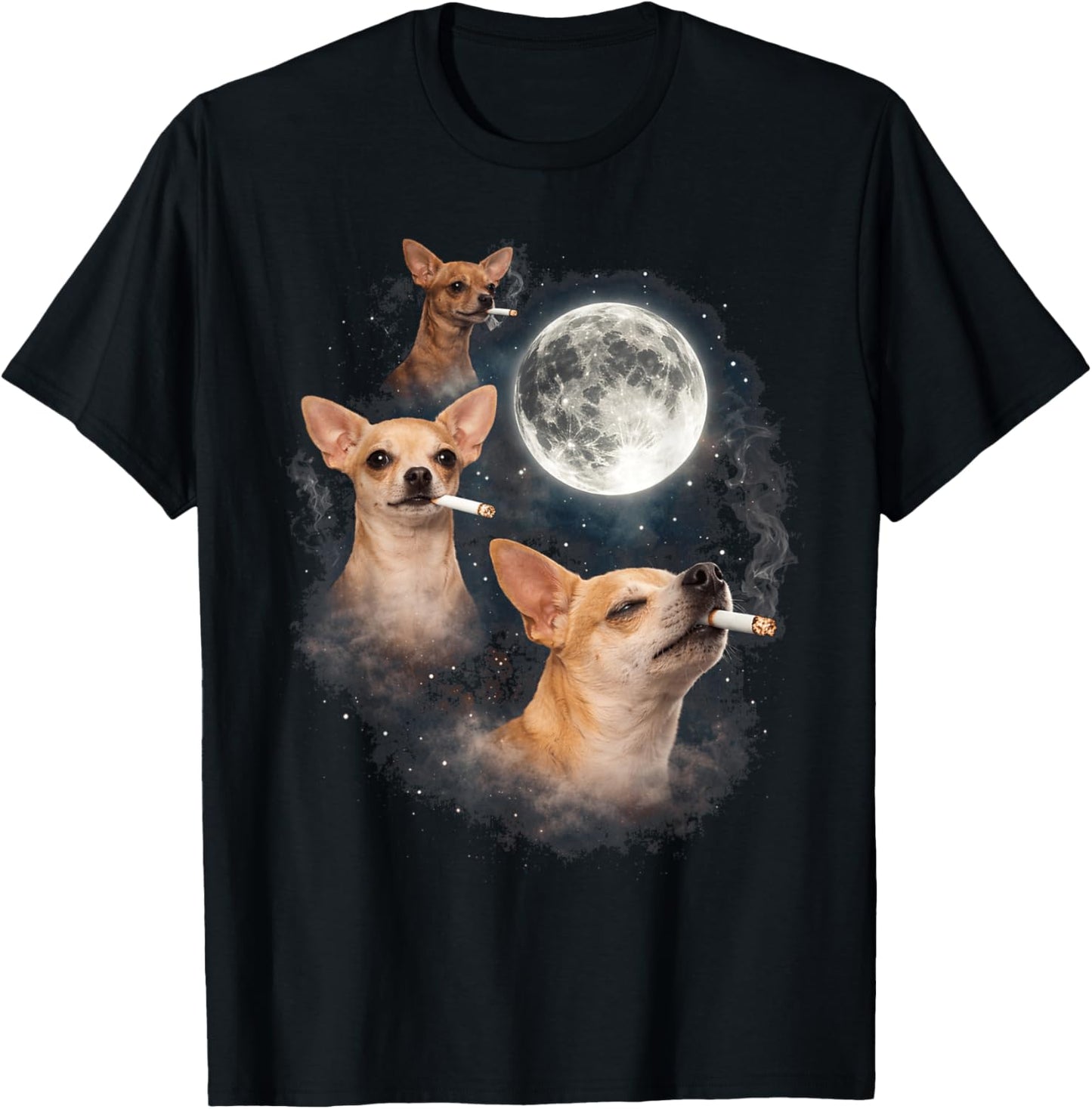 Chihuahua Smoking Moon 3 Dog Meme Funny Wolves Howling T-Shirt - T-Shirt | Black