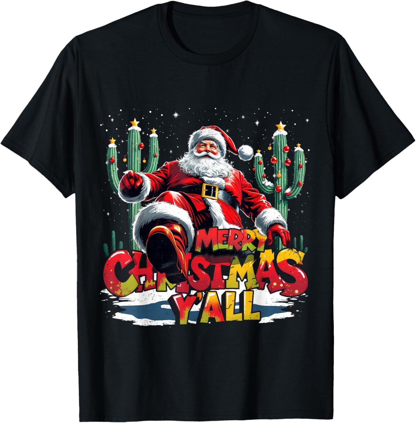 Merry Christmas Y’All Santa Western Holiday T-Shirt - T-Shirt | Black