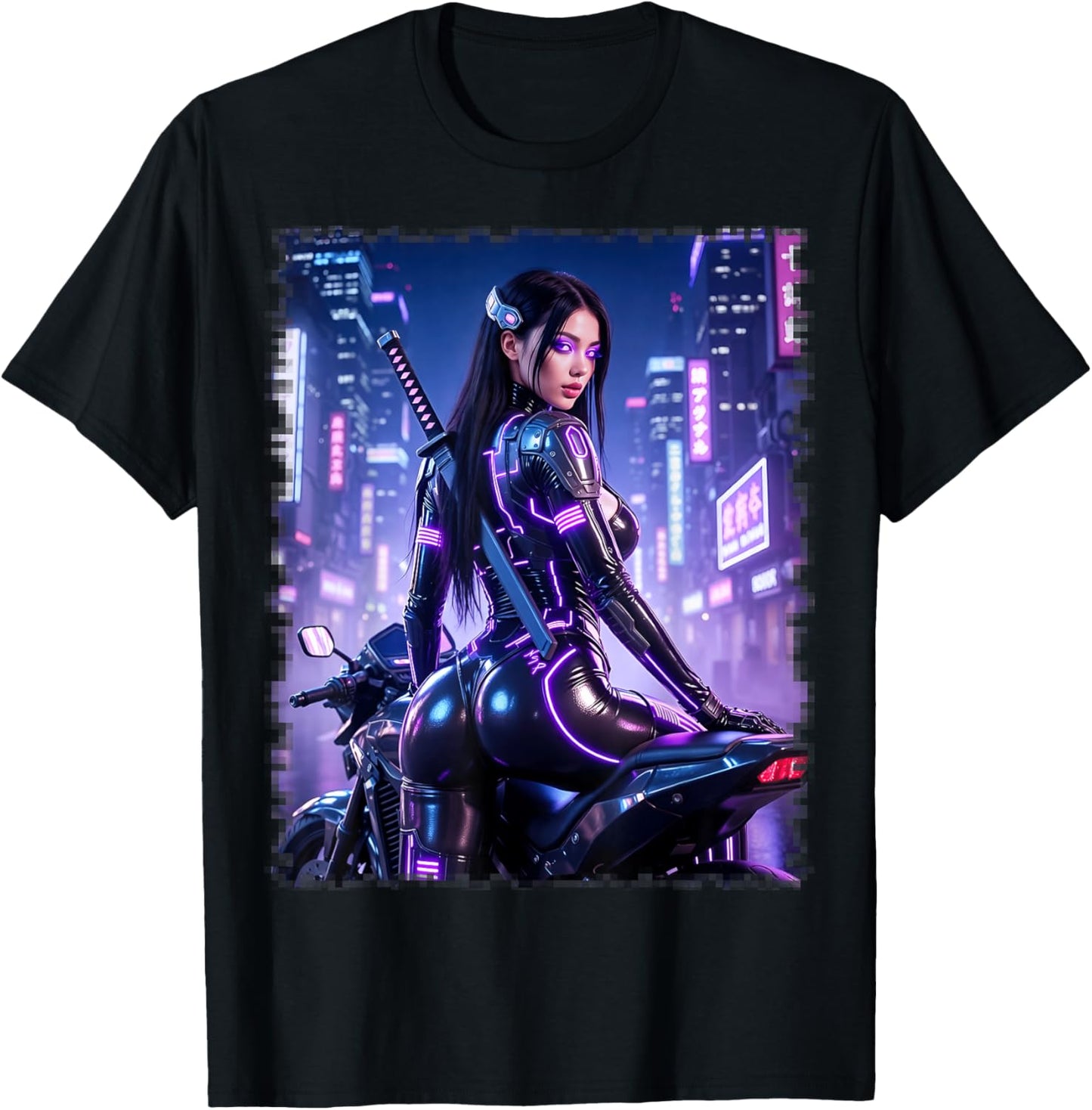 Sexy Girl - Sexy Cyberpunk Girl & Motorcycle V2 T-Shirt - T-Shirt | Black