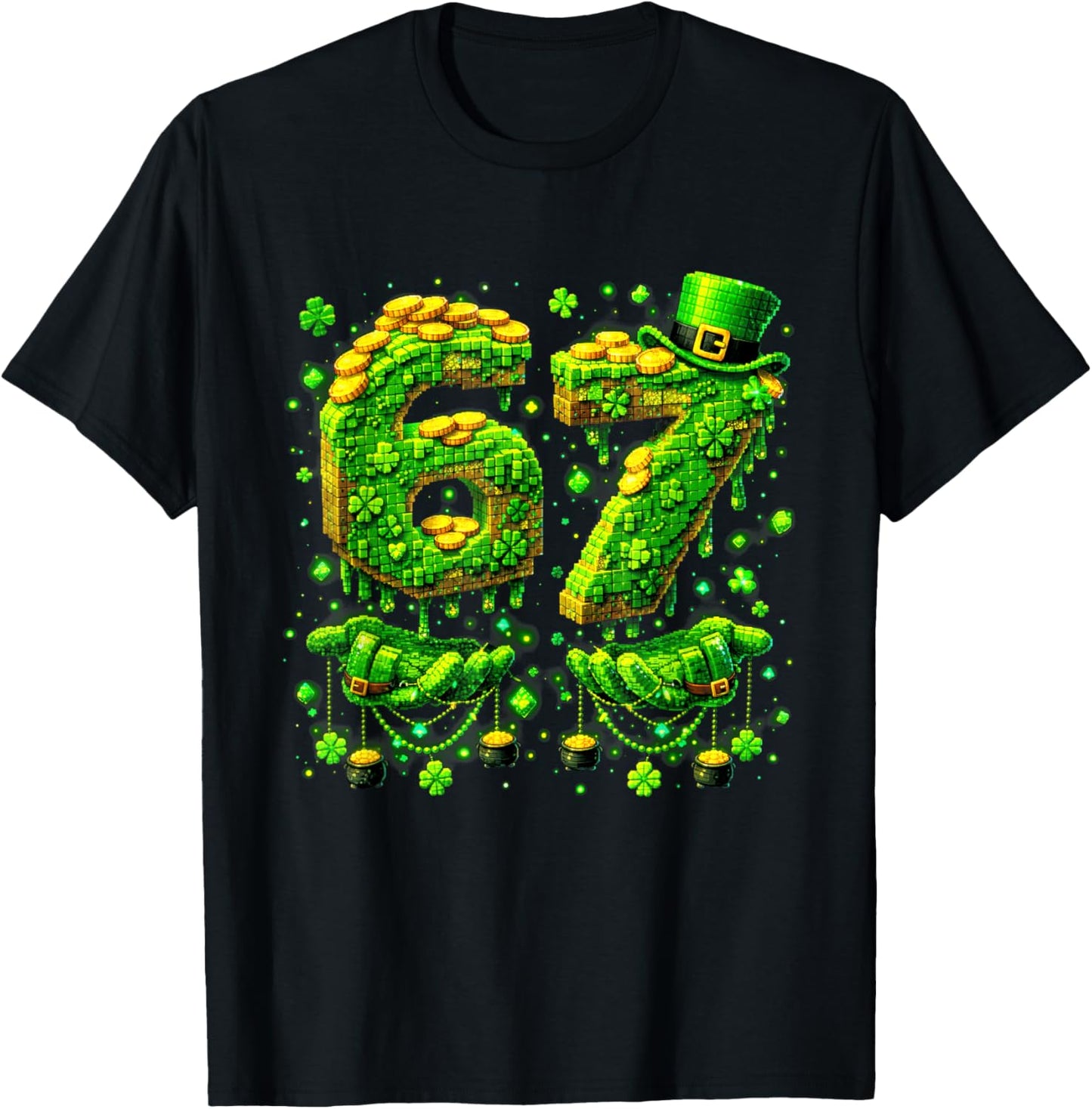 Six Seven Meme 67 St Patricks Day Pixel Shamrock Men Kids T-Shirt - T-Shirt | Black