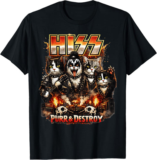 Hiss Cat Rock Parody Funny Retro Feline Music Lover Humor T-Shirt - T-Shirt | Black