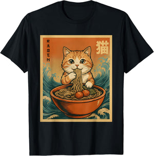 Anime Cat Ramen Japanese Funny Graphic Kawaii Cat Anime T-Shirt - T-Shirt | Black