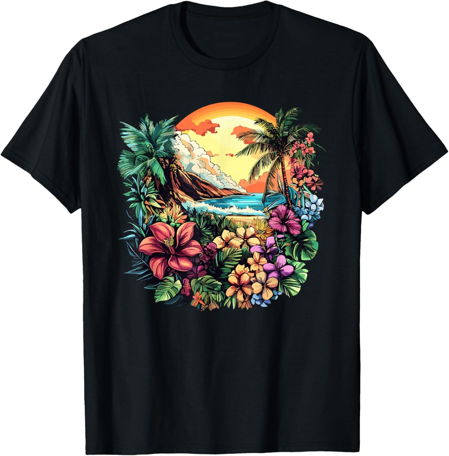 Hawaiian Tropical Flowers Palm Trees Sunset Coast T-Shirt - T-Shirt | Black