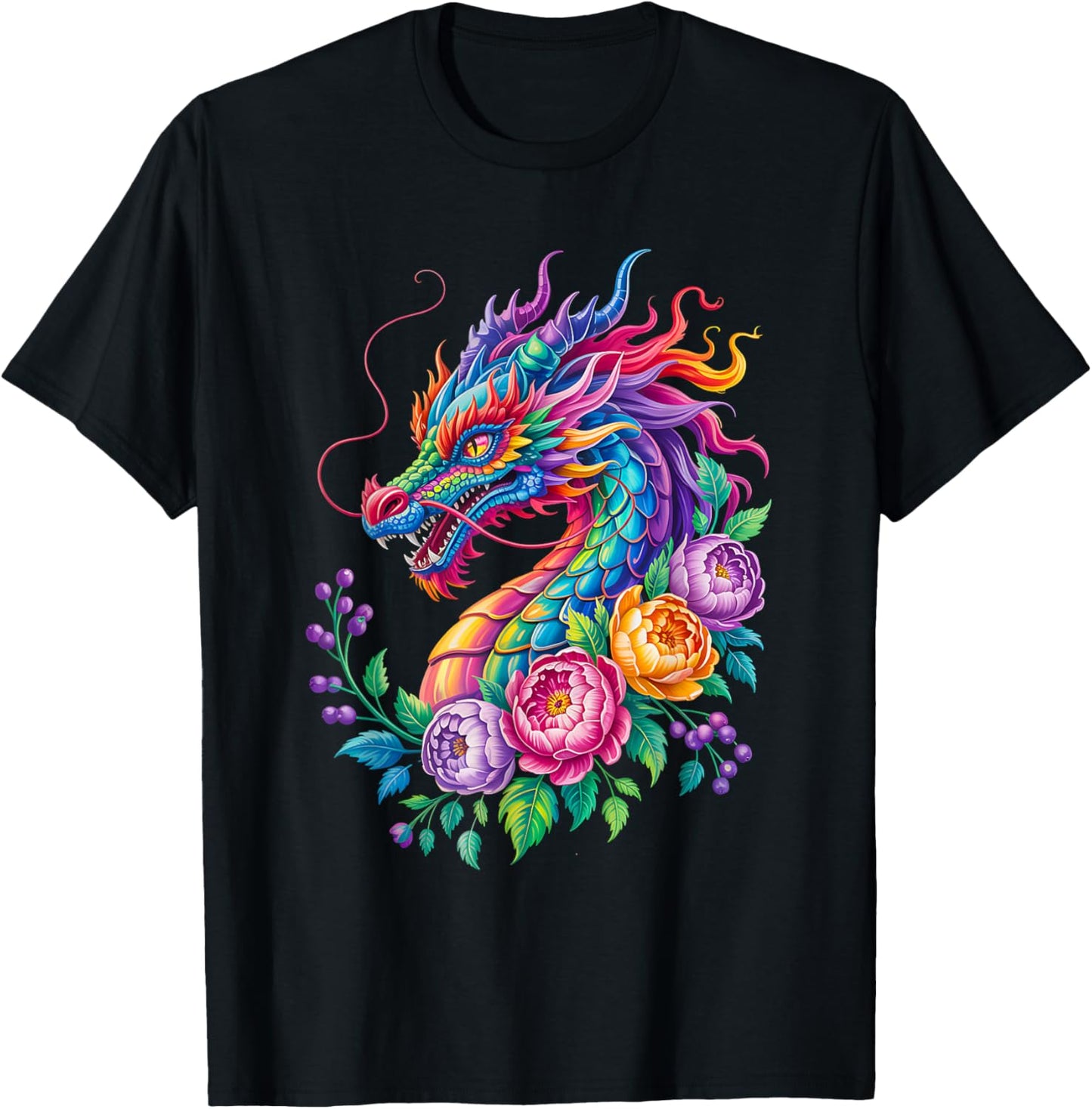 Watercolor Dragon Flowers Beautiful Art Colorful Graphic T-Shirt - T-Shirt | Black