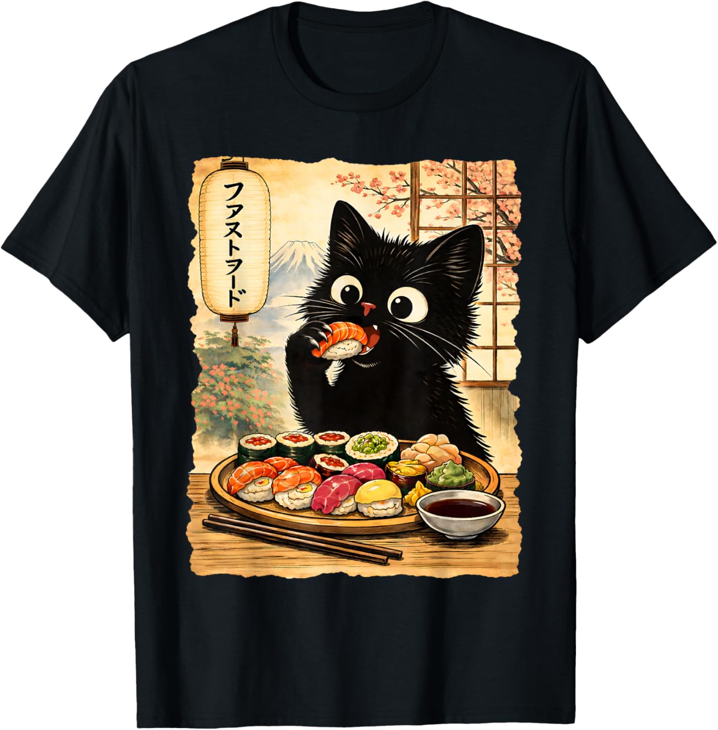 Black Cute Cat Eating Sushi Kawaii Japanese Food Anime Cats T-Shirt - T-Shirt | Black