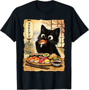Black Cute Cat Eating Sushi Kawaii Japanese Food Anime Cats T-Shirt - T-Shirt | Black