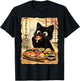 Black Cute Cat Eating Sushi Kawaii Japanese Food Anime Cats T-Shirt - T-Shirt | Black