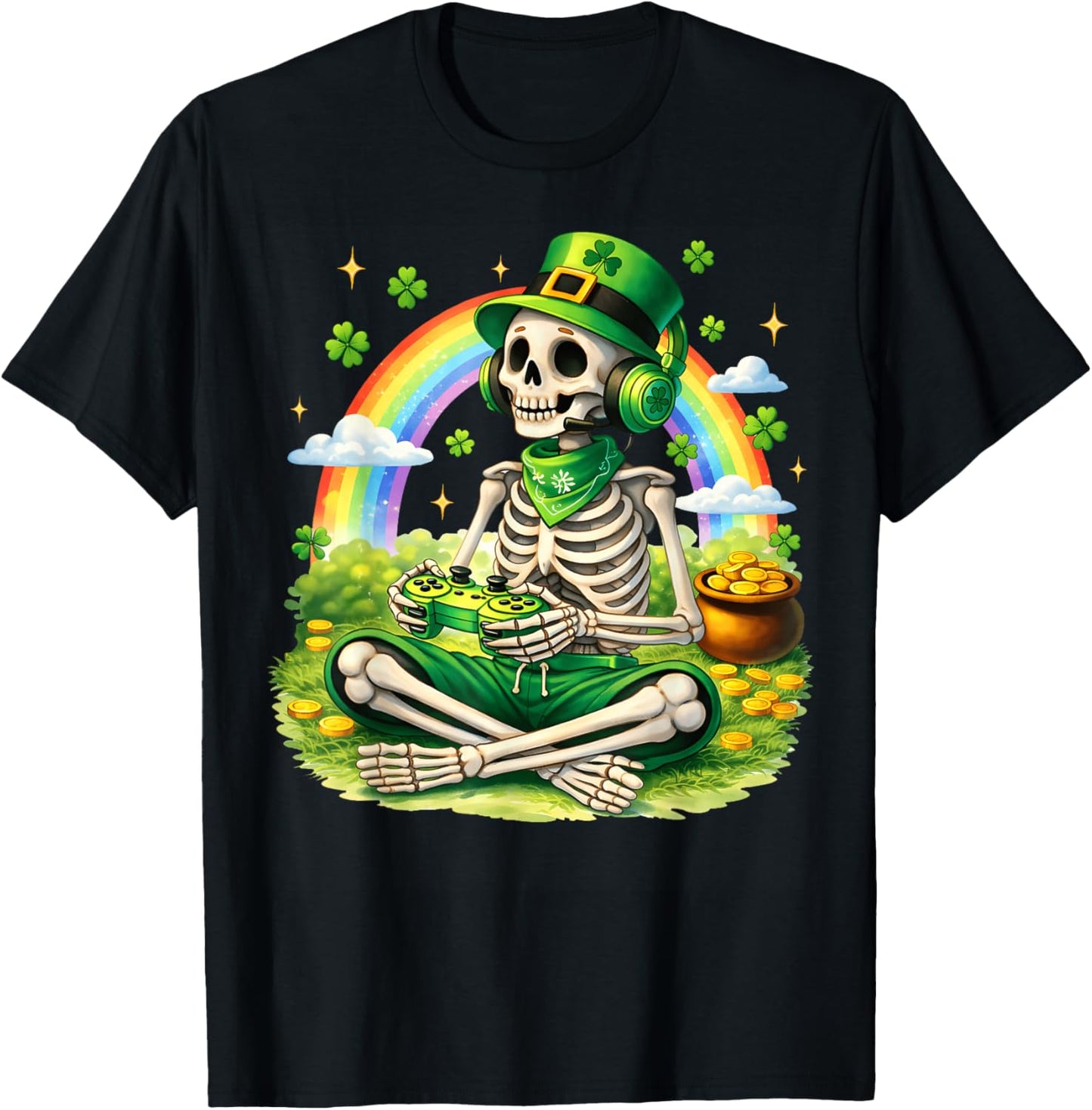 St Patricks Day Skeleton Leprechaun Gamer Irish Boys Men T-Shirt - T-Shirt | Black