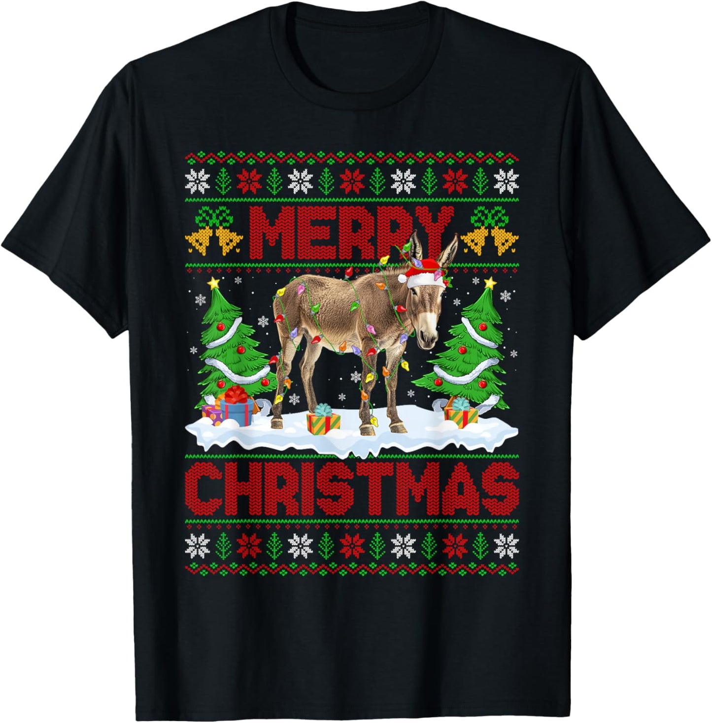 Donkey Mule Ugly Xmas Sweater Funny Animal Lights Christmas T-Shirt - T-Shirt | Black