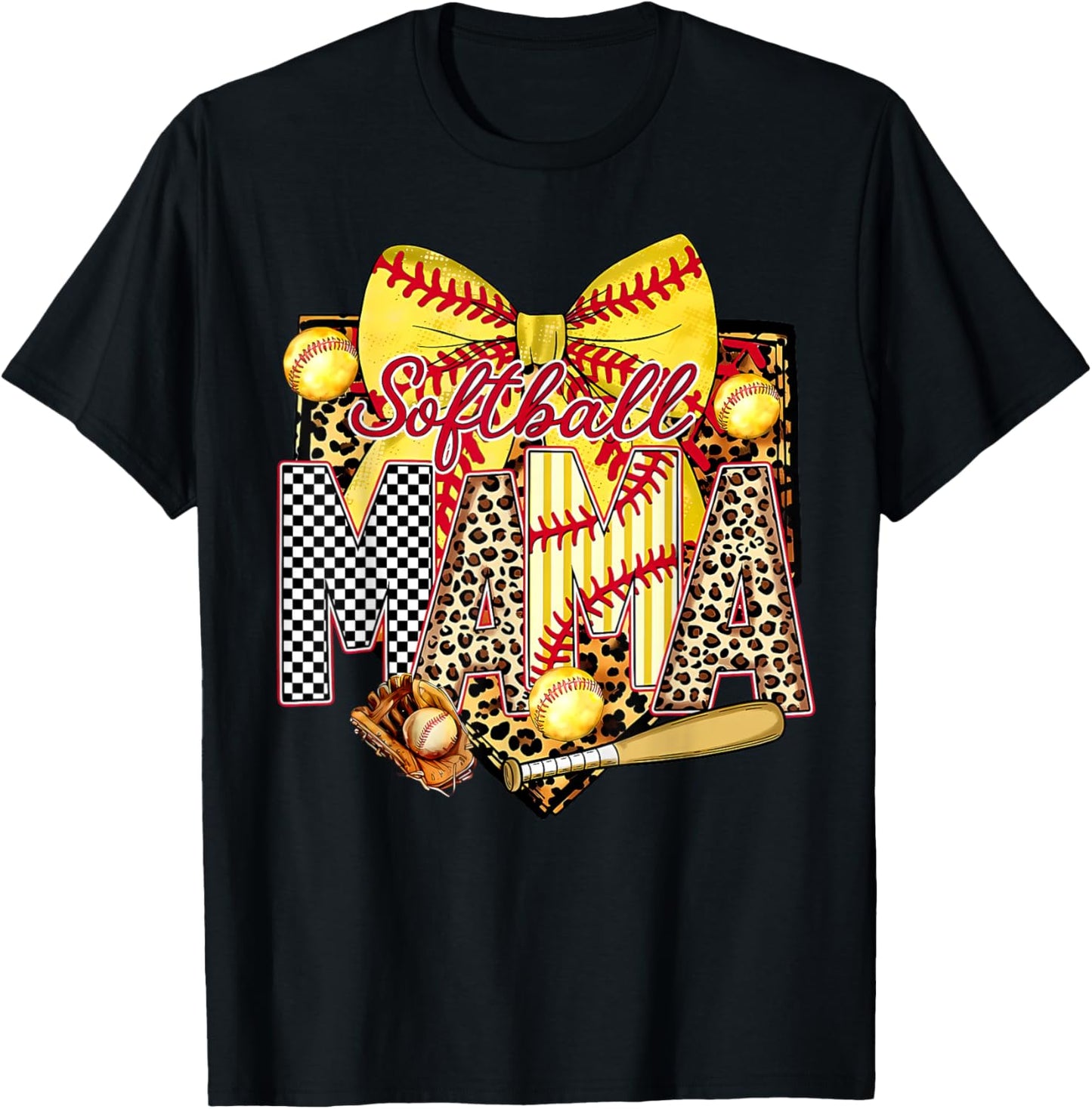 Yellow Leopard Checker Bow Letters Softball Mama Sports Mom T-Shirt - T-Shirt | Black