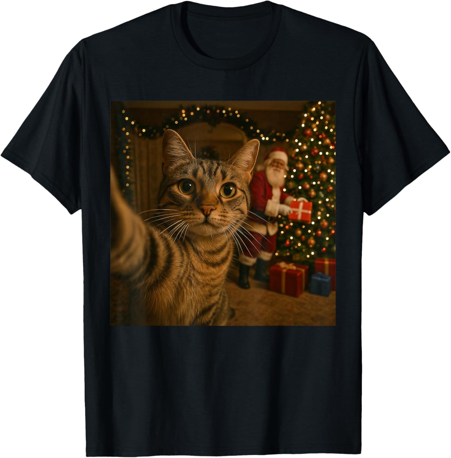 Santa Cat Christmas Tree Shirt, Funny Christmas Cat Selfie T-Shirt - T-Shirt | Black