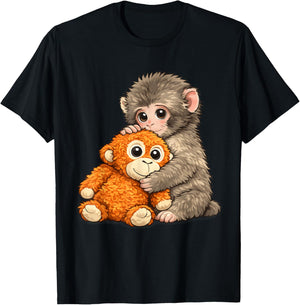 Viral Internet Meme Punch Monkey with Teddy Bear Cuddling T-Shirt - T-Shirt | Black