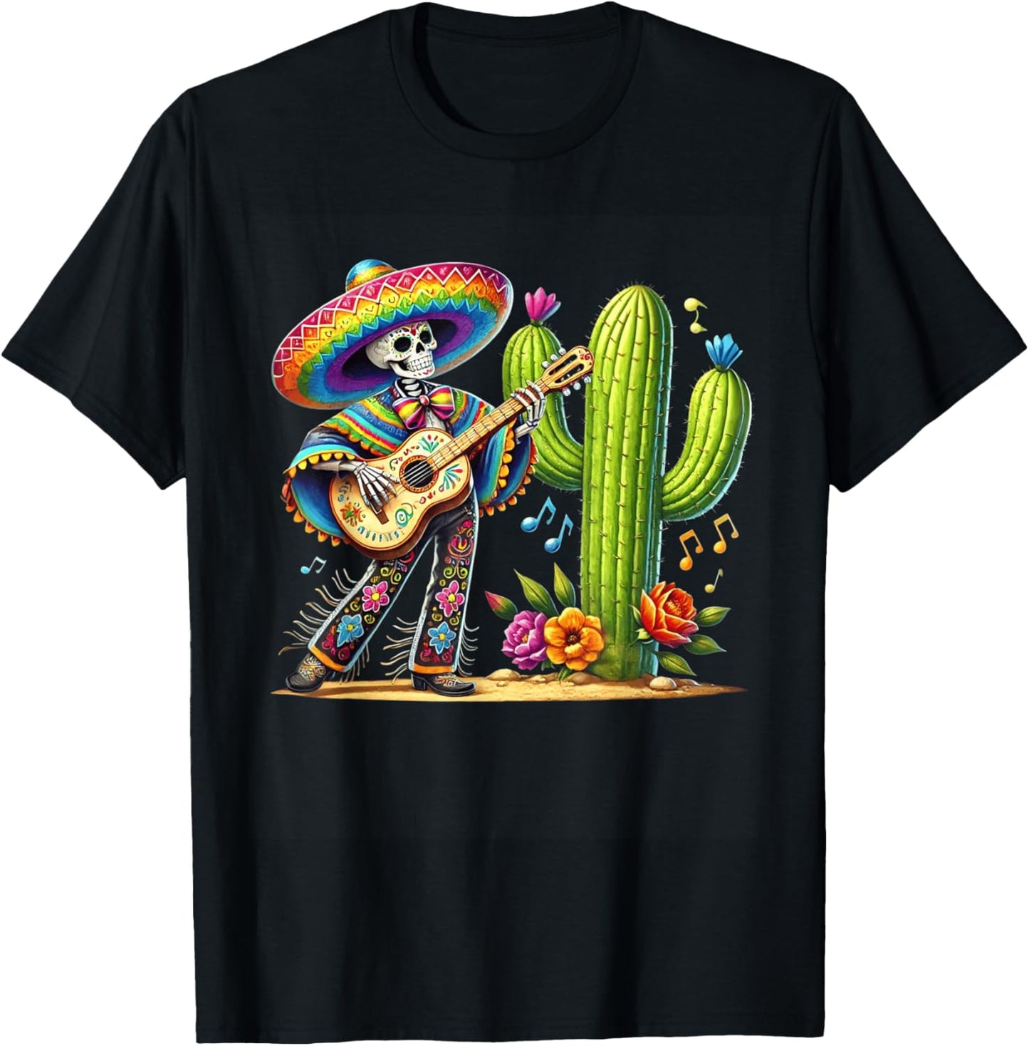 Men Skeleton Cinco De Mayo Mariachi Fiesta Guitar Cactus T-Shirt - T-Shirt | Black