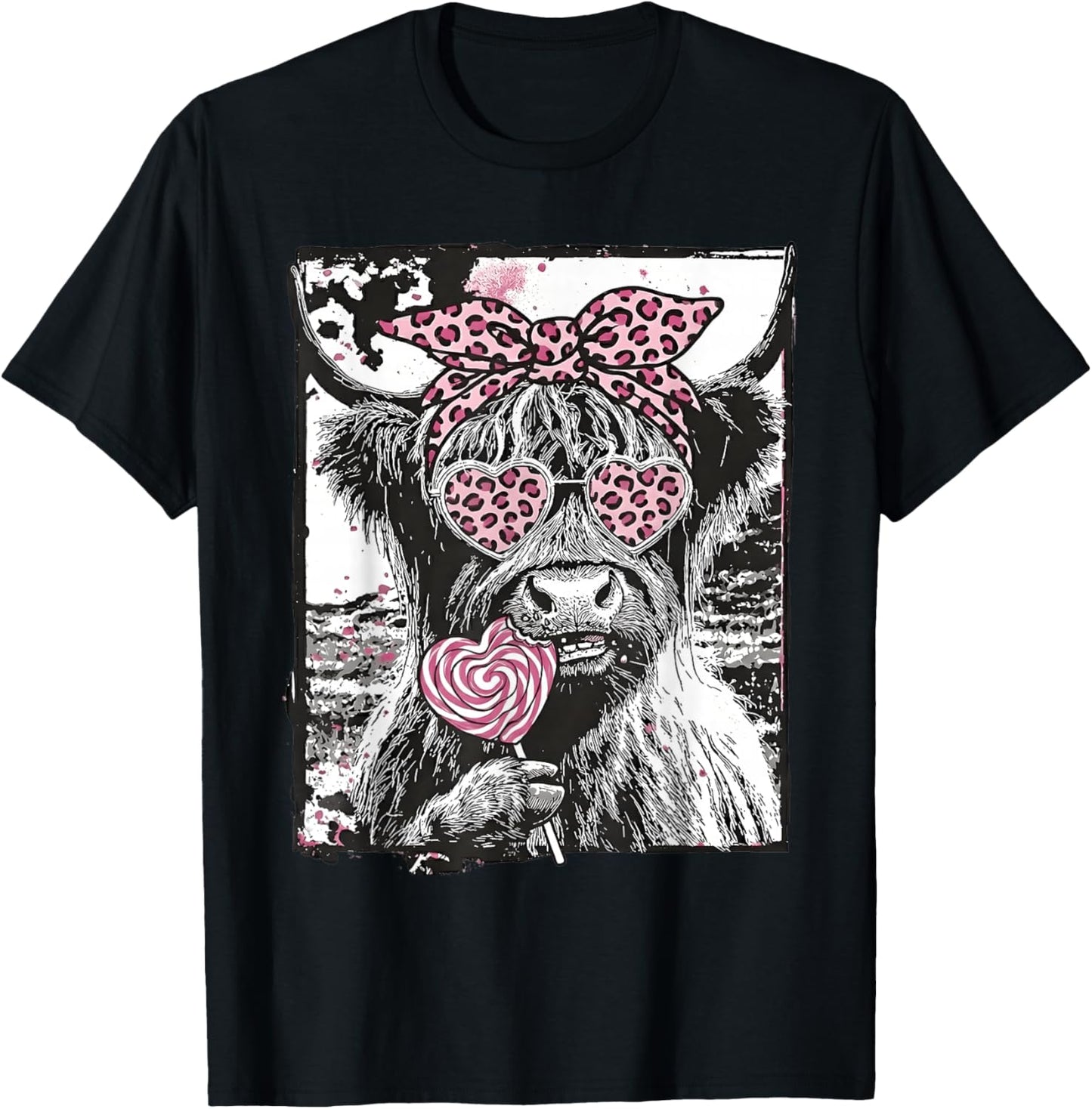 Highland Cow Valentine Coquette Pink Leopard Lollipop Heart T-Shirt - T-Shirt | Black