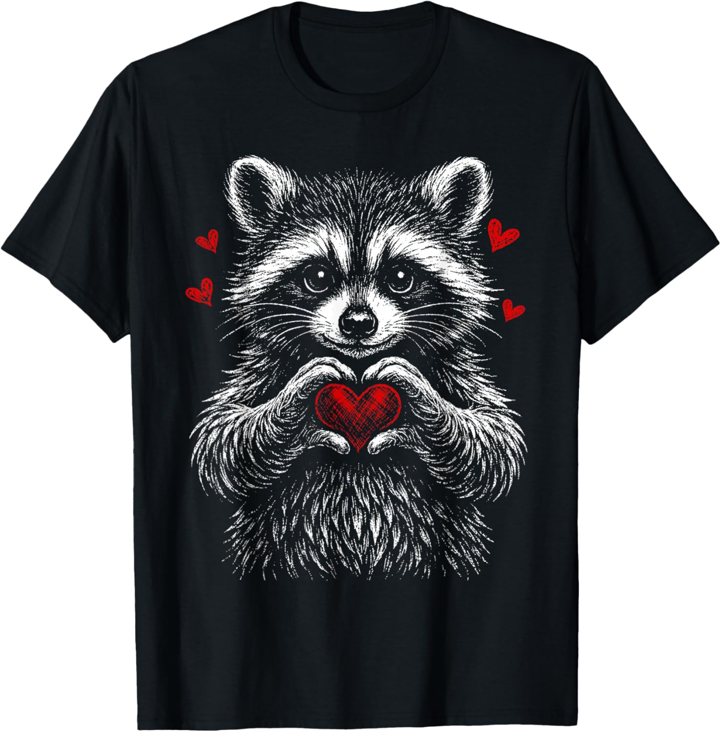 Retro Valentine Raccoon with Heart Cute Raccoon Lover T-Shirt - T-Shirt | Black