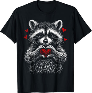 Retro Valentine Raccoon with Heart Cute Raccoon Lover T-Shirt - T-Shirt | Black