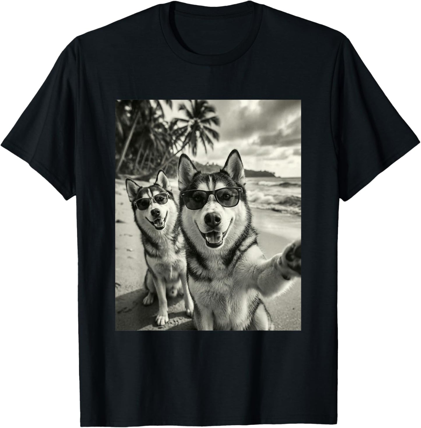 Cool Siberian Husky Funny Dog Selfie Beach Sunglasses Dogs T-Shirt - T-Shirt | Black