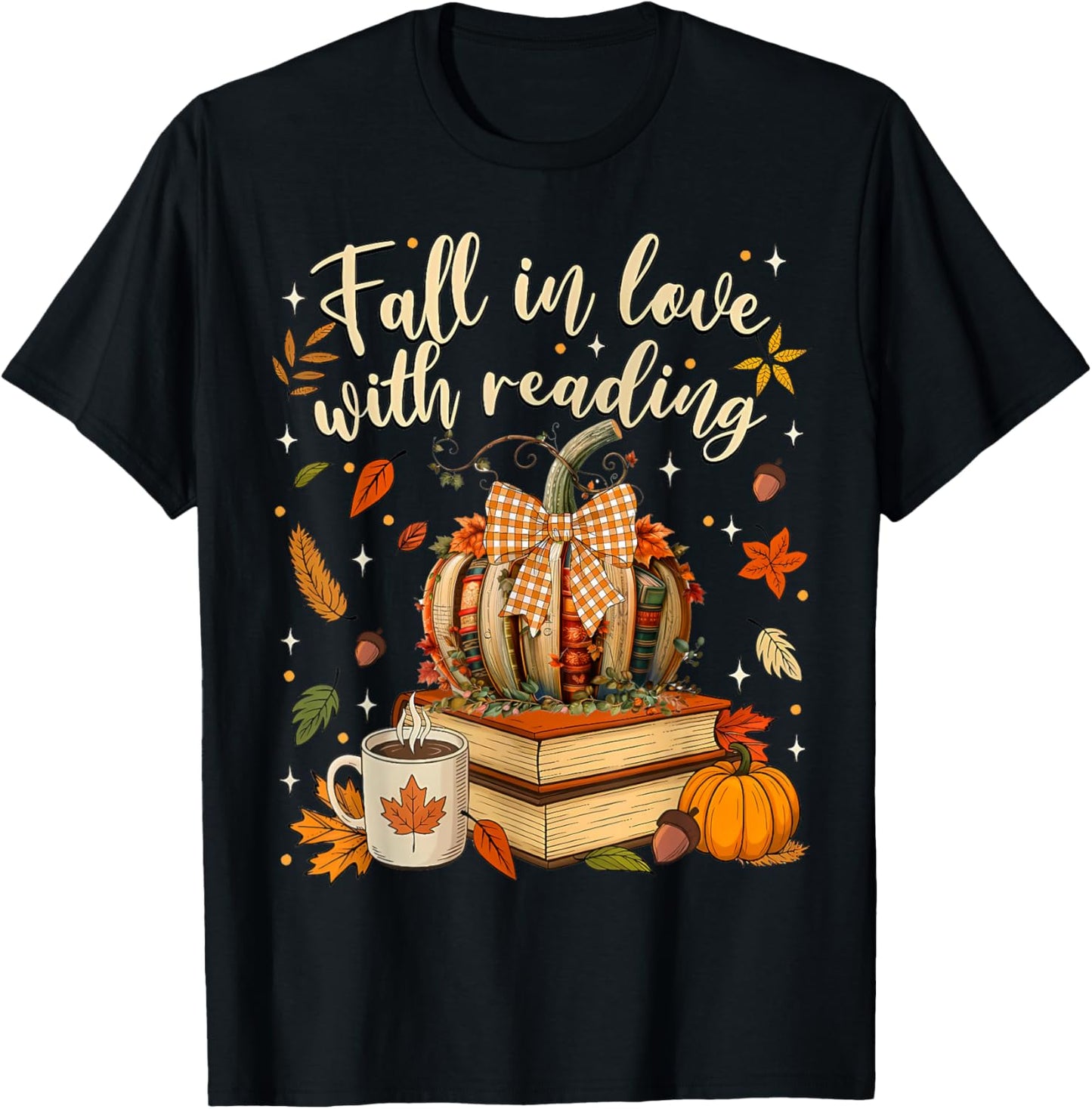 Fall in Love with Reading Autumn Fall Book Pumpkin Teacher T-Shirt - T-Shirt | Black