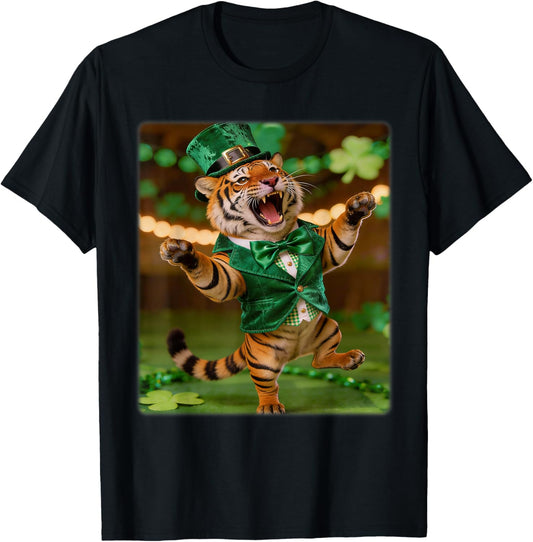 Tiger St. Patrick’s Day Funny Leprechaun Hat Tiger Irish T-Shirt - T-Shirt | Black