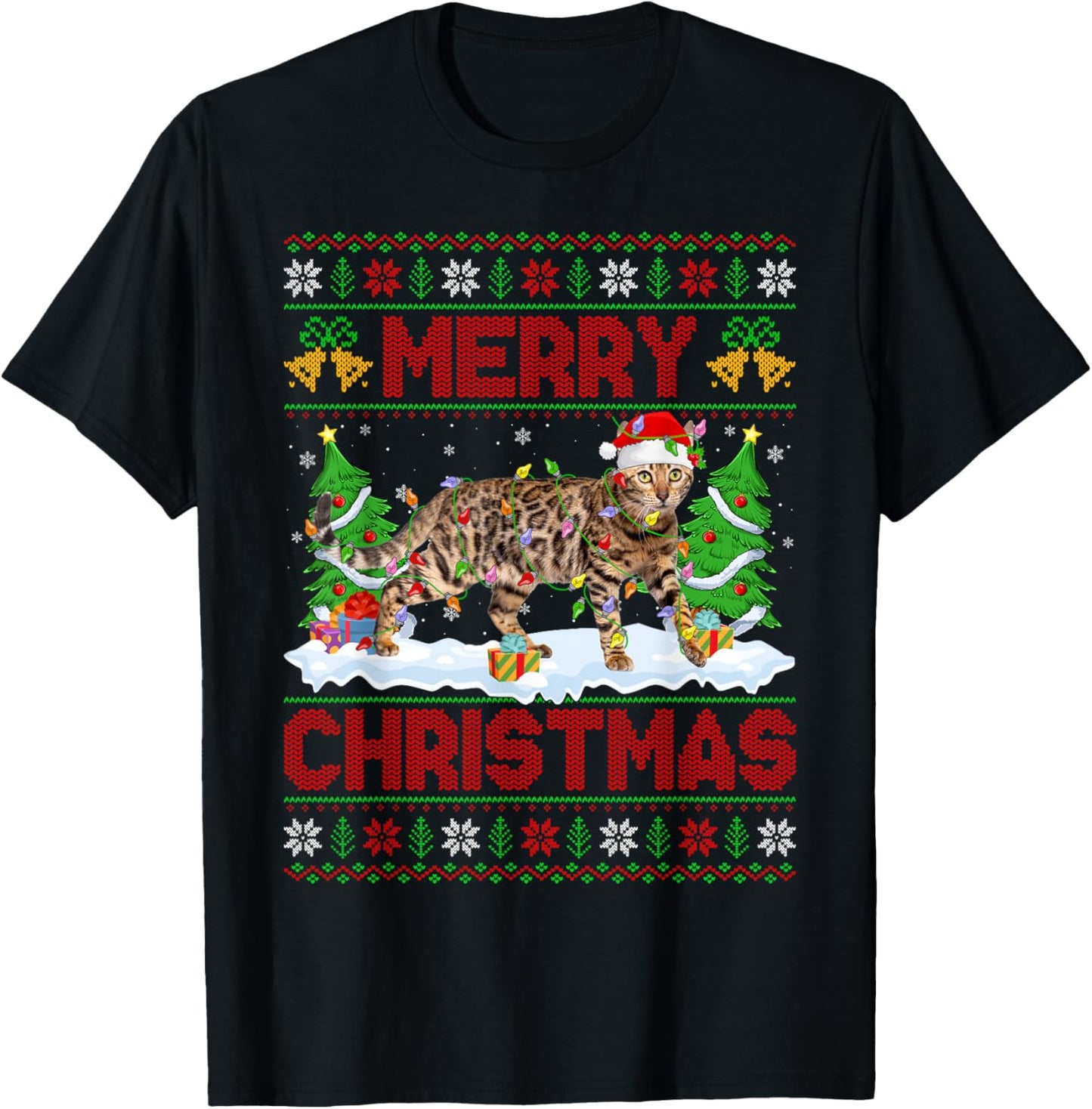 Bengal Cat Ugly Xmas Sweater Funny Pet Animal Cat Christmas T-Shirt - T-Shirt | Black