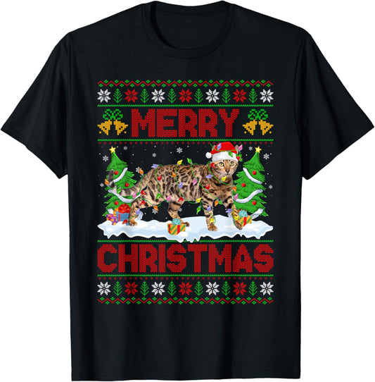 Bengal Cat Ugly Xmas Sweater Funny Pet Animal Cat Christmas T-Shirt - T-Shirt | Black