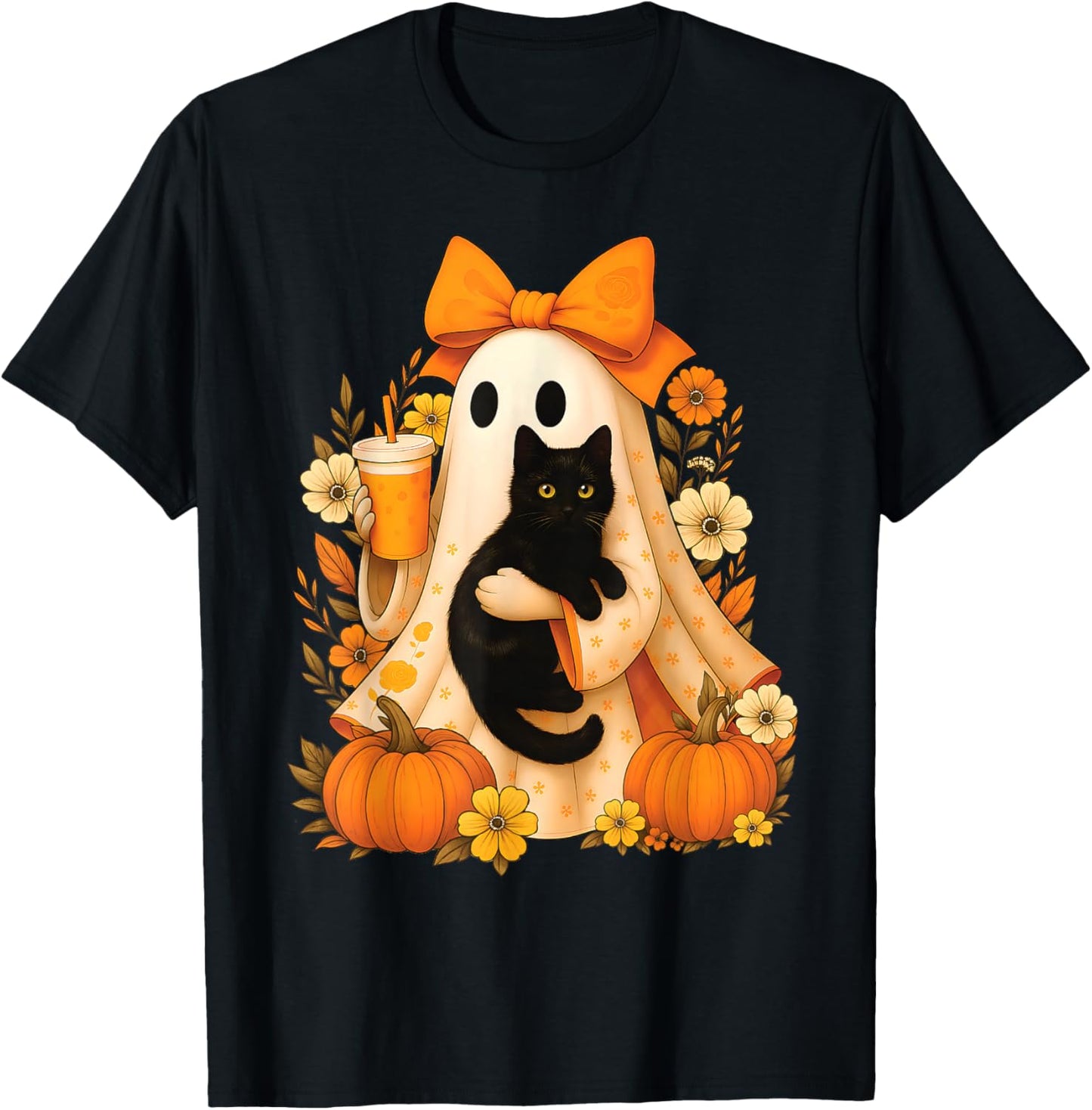 Retro Ghost Holding Cat Groovy Floral Vintage Halloween T-Shirt - T-Shirt | Black