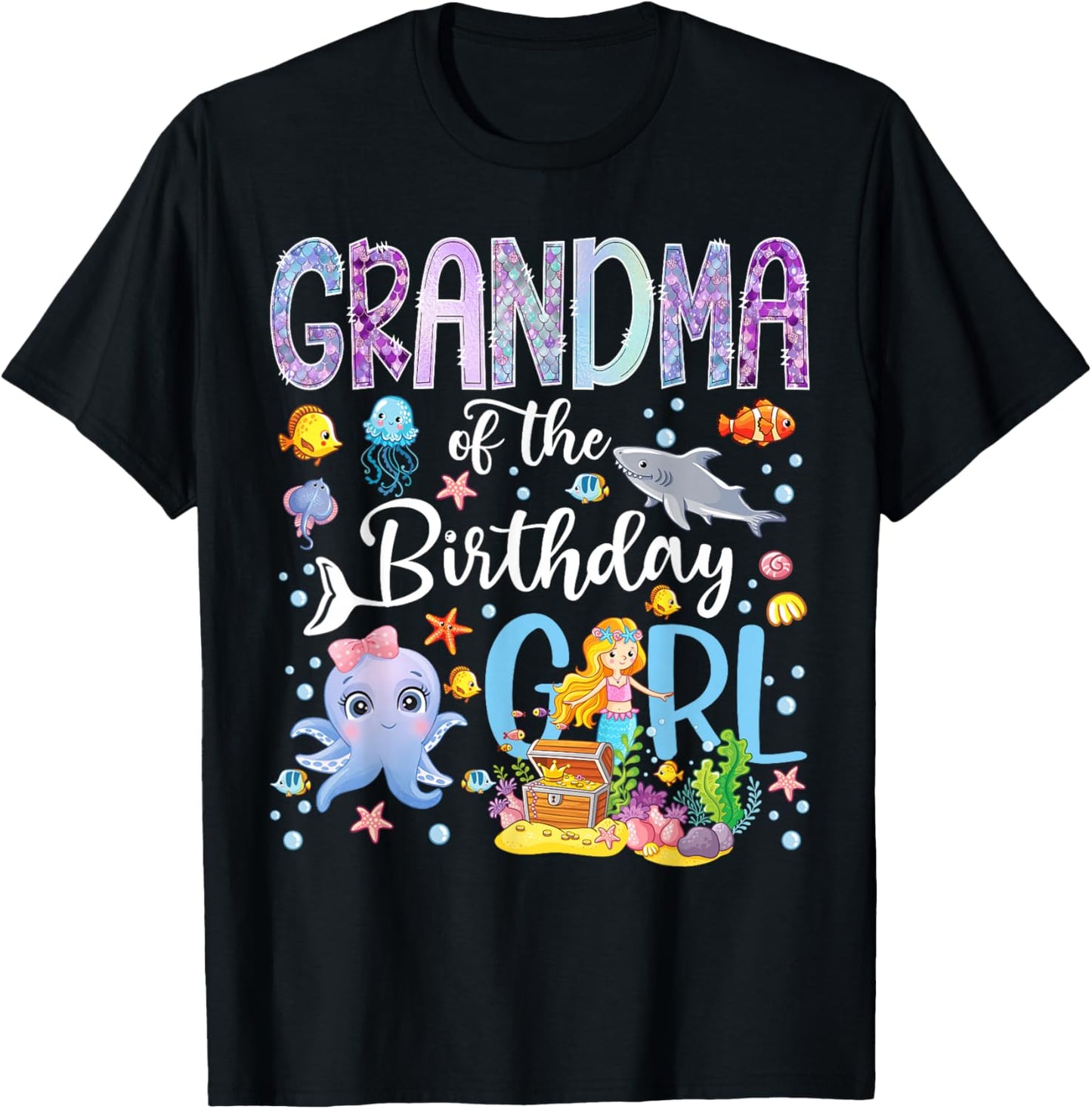 Grandma of The Birthday Girl Mermaid Ocean Aquarium T-Shirt - T-Shirt | Black