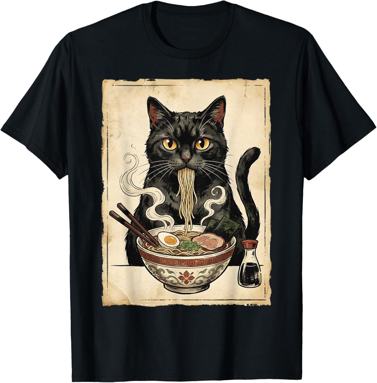 Cat Ramen Japanese Art Noodles Kawaii Anime Cat Eating Ramen T-Shirt - T-Shirt | Black