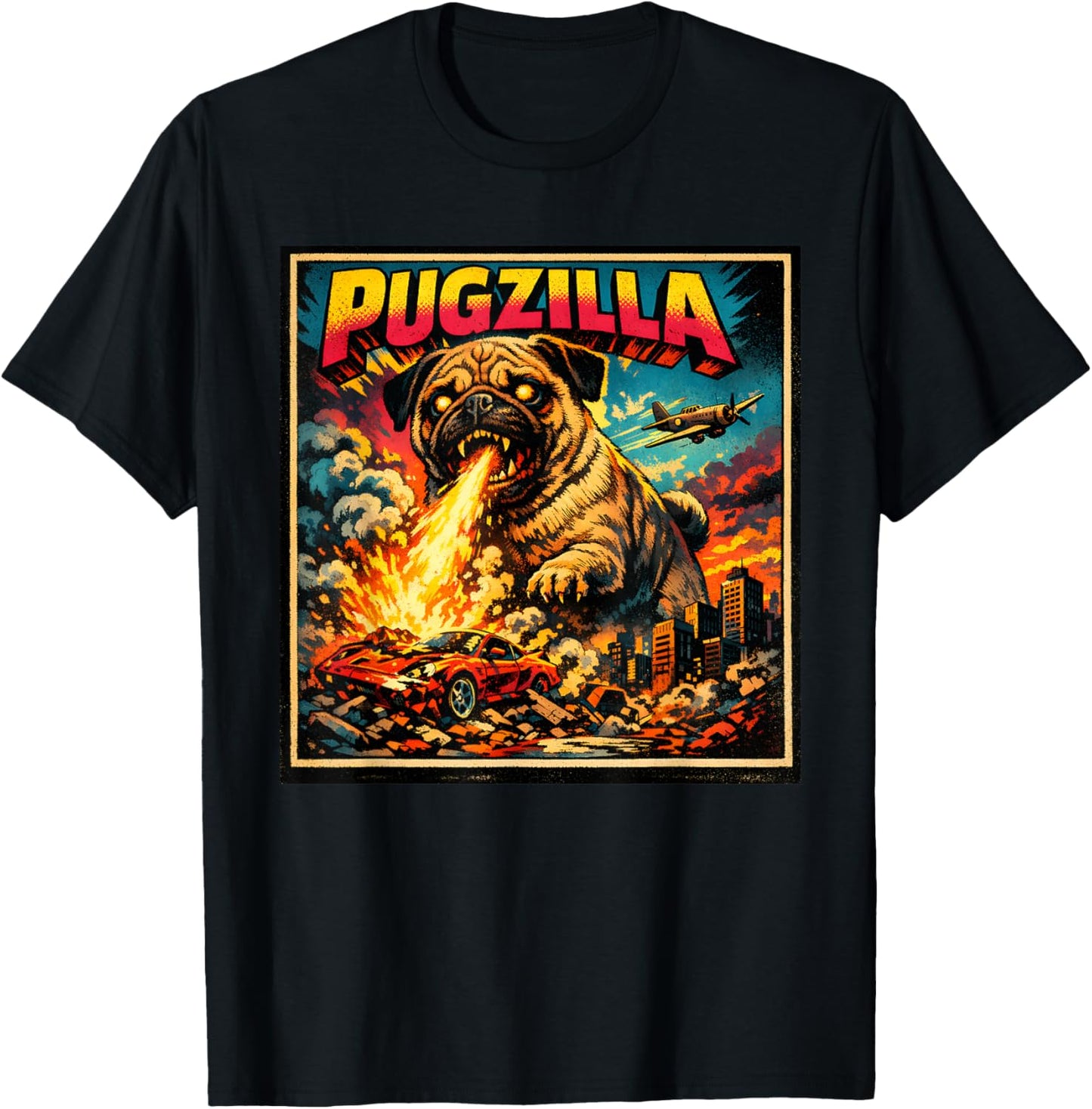 Retro Pugzilla Cute Pug Funny Youth Life from Dad Mom Meme T-Shirt - T-Shirt | Black