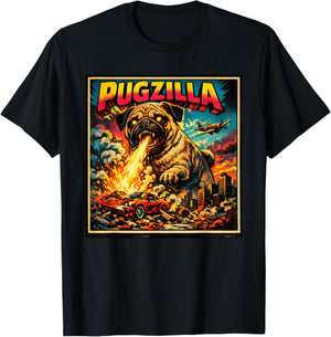 Retro Pugzilla Cute Pug Funny Youth Life from Dad Mom Meme T-Shirt - T-Shirt | Black