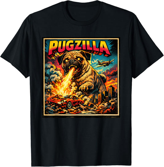Retro Pugzilla Cute Pug Funny Youth Life from Dad Mom Meme T-Shirt - T-Shirt | Black