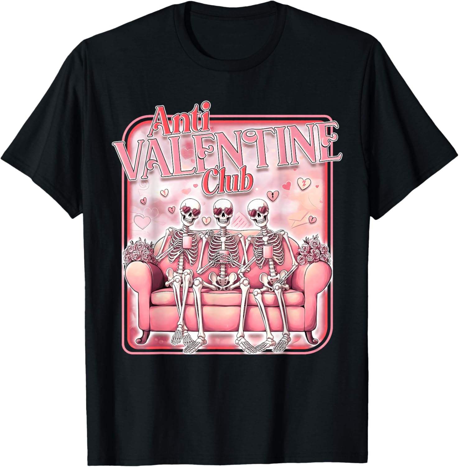 Anti Valentine Club Skeleton Funny Single Valentine's Day T-Shirt - T-Shirt | Black