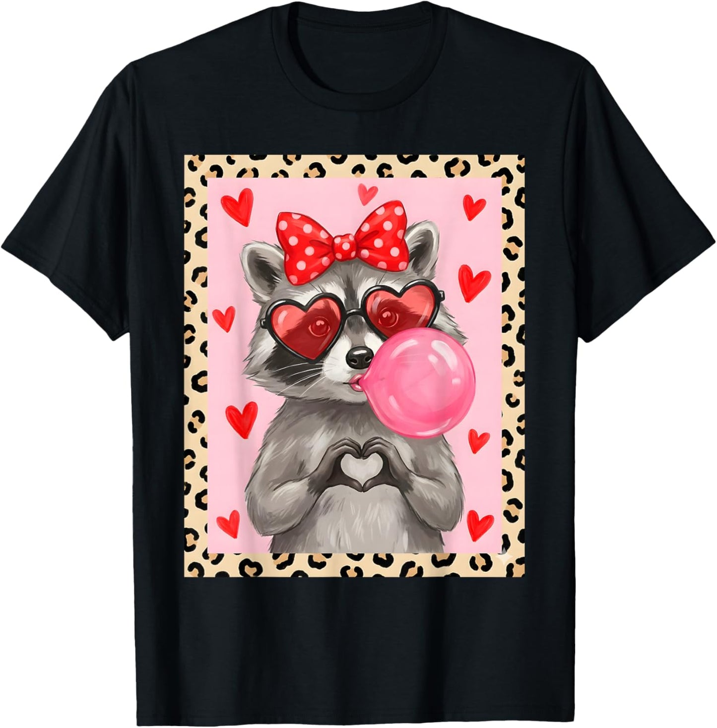 Cute Raccoon Heart Sunglasses Bubblegum Leopard Valenti T-Shirt - T-Shirt | Black
