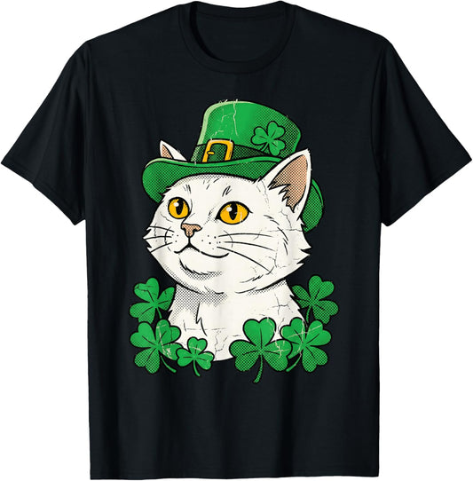 St Patricks Day Cat Leprechaun Hat Shamrock Saint Pattys Day T-Shirt - T-Shirt | Black