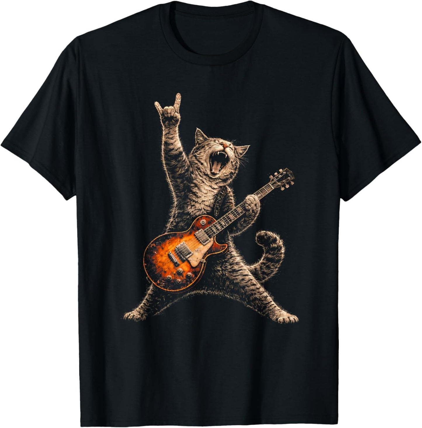 Funny Cat Playing Guitar Shirt Cat Guitarist Rock and Roll T-Shirt - T-Shirt | Black