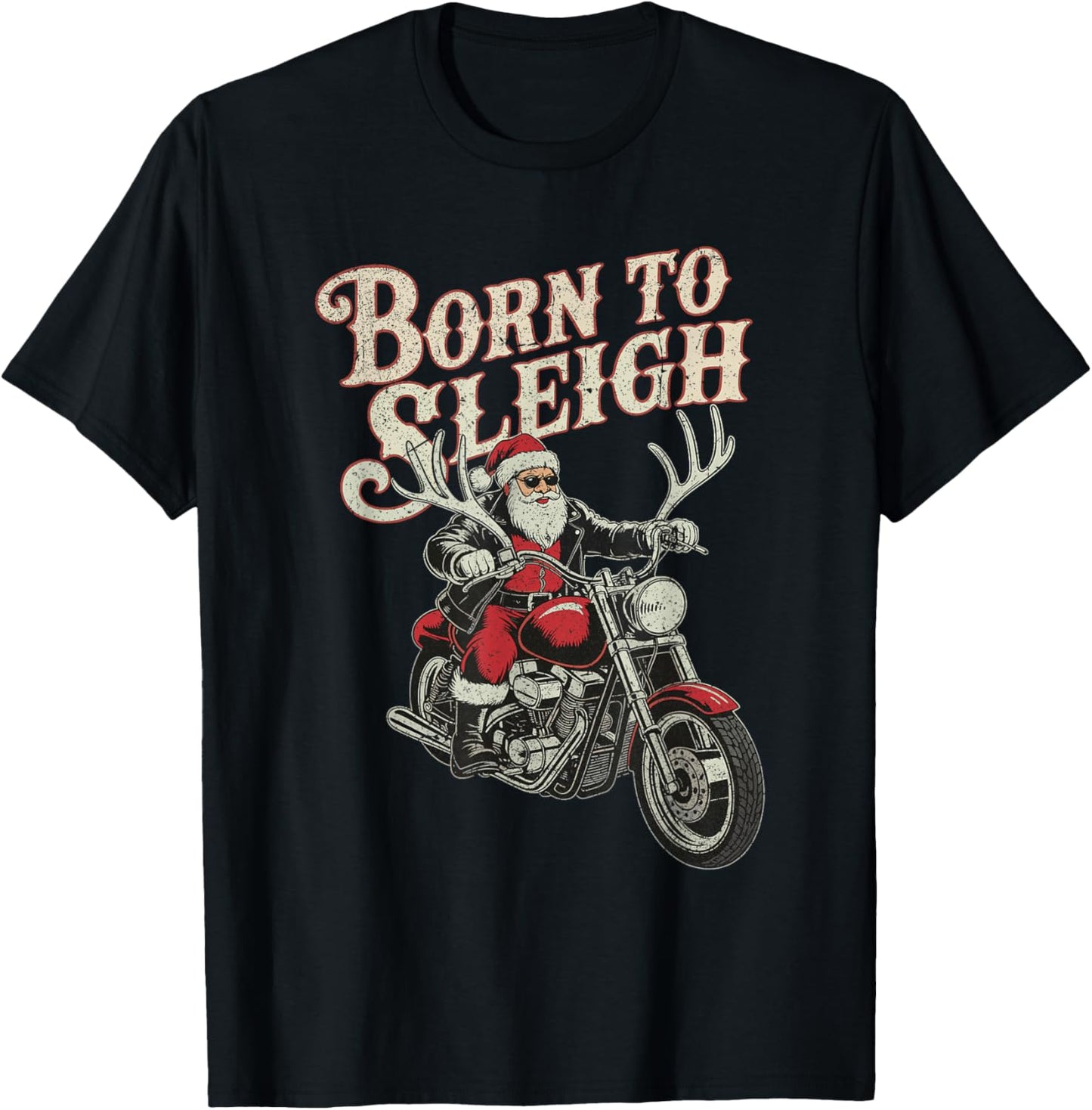 Santa Riding Motorcycle Born to Sleigh Christmas Rock T-Shirt - T-Shirt | Black