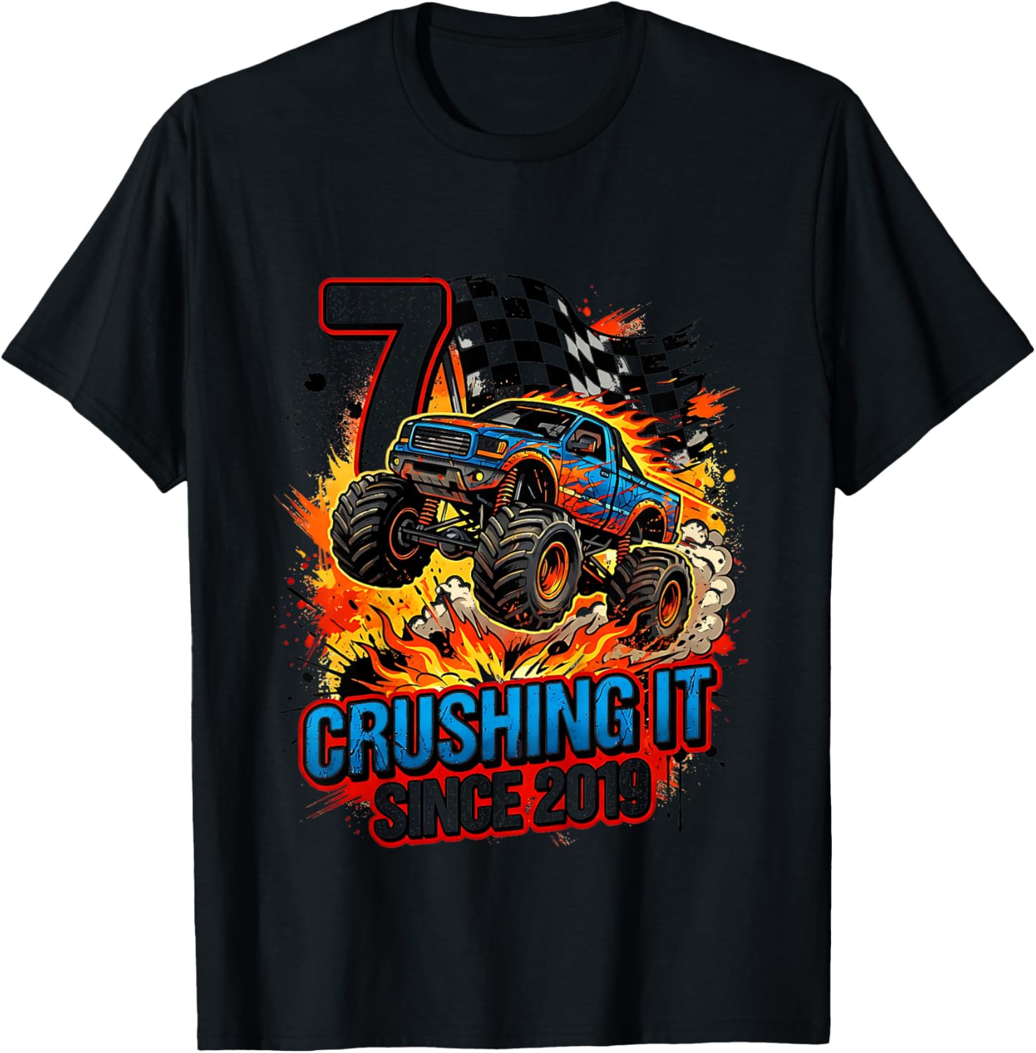 Kids 7th Birthday Truck Turning 7 Years Old Boy Born in 2019 T-Shirt - T-Shirt | Black