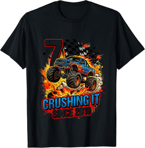 Kids 7th Birthday Truck Turning 7 Years Old Boy Born in 2019 T-Shirt - T-Shirt | Black