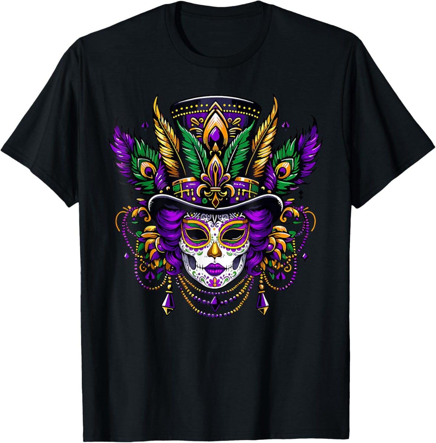 Mardi Gras Mask Feathers Carnival New Orleans Fleur De Lis T-Shirt - T-Shirt | Black