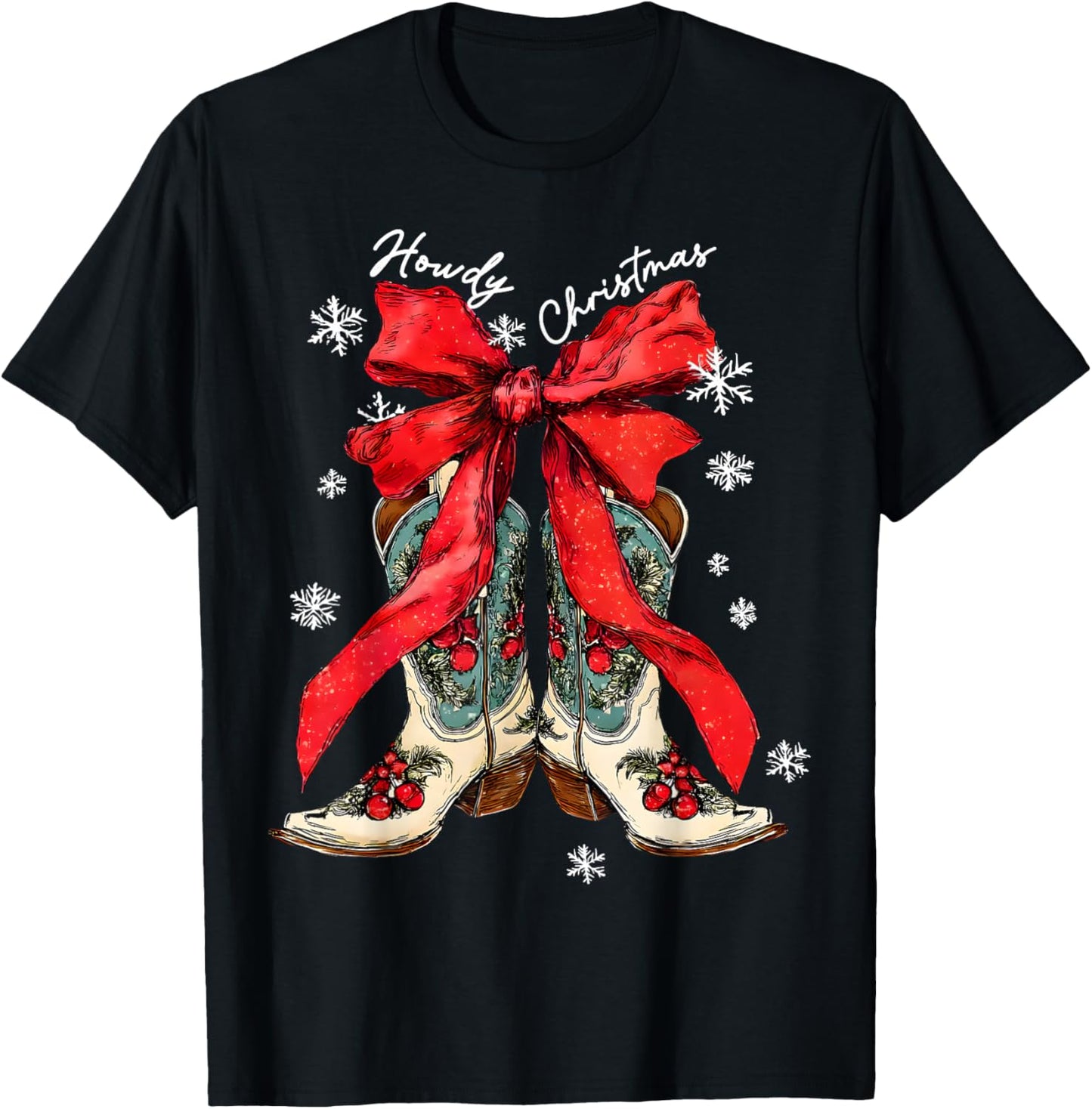 Retro Howdy Christmas Xmas Cowboy Boots Coquette Bow Western T-Shirt - T-Shirt | Black