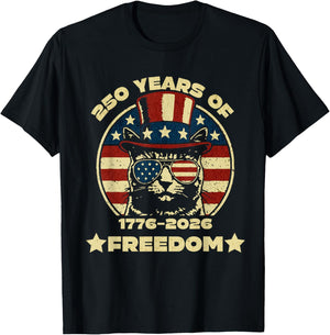 250 Years of Freedom Patriotic Cat 4th of July 1776-2026 T-Shirt - T-Shirt | Black