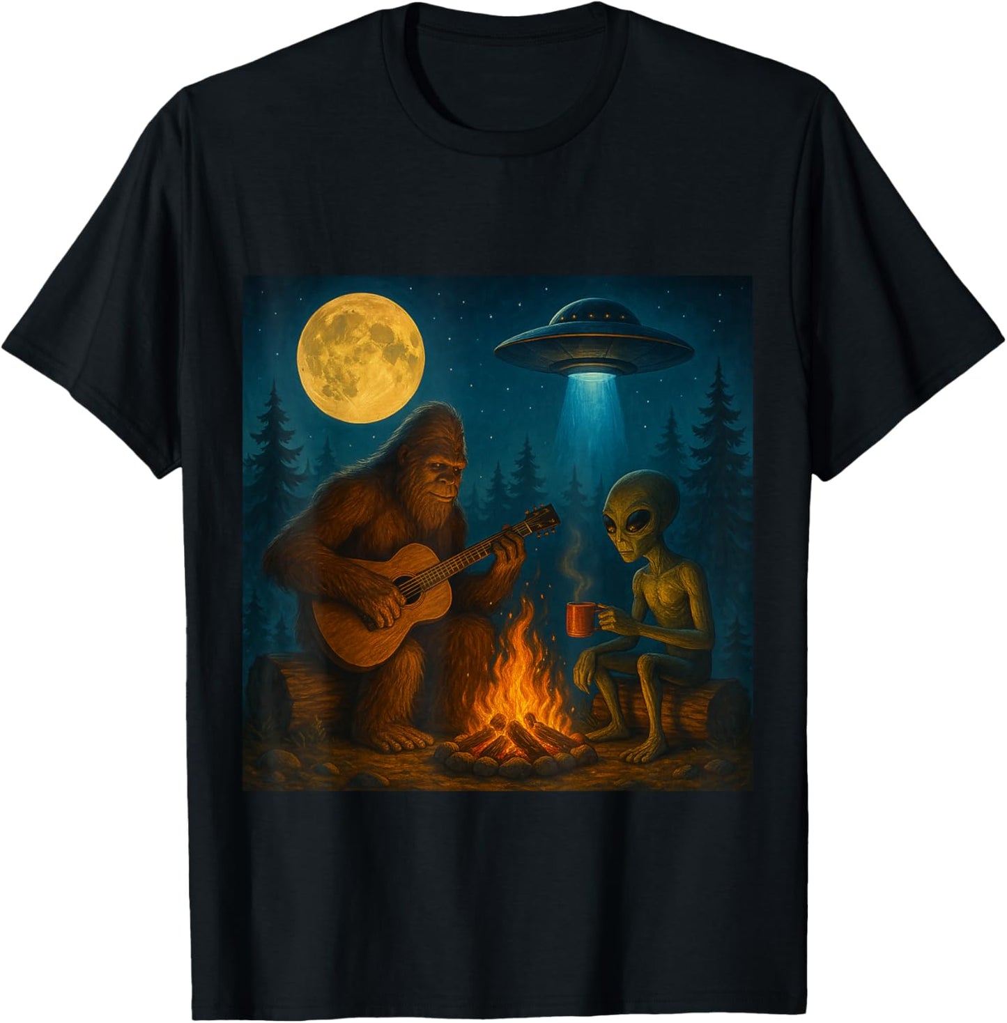 Funny Bigfoot and Alien Campfire Moon UFO Hiking Adventure T-Shirt - T-Shirt | Black