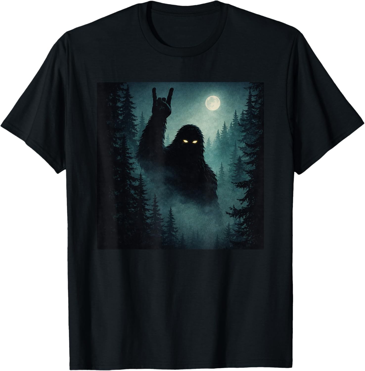 Rock On Bigfoot Sasquatch Cryptid Night Forest T-Shirt - T-Shirt | Black