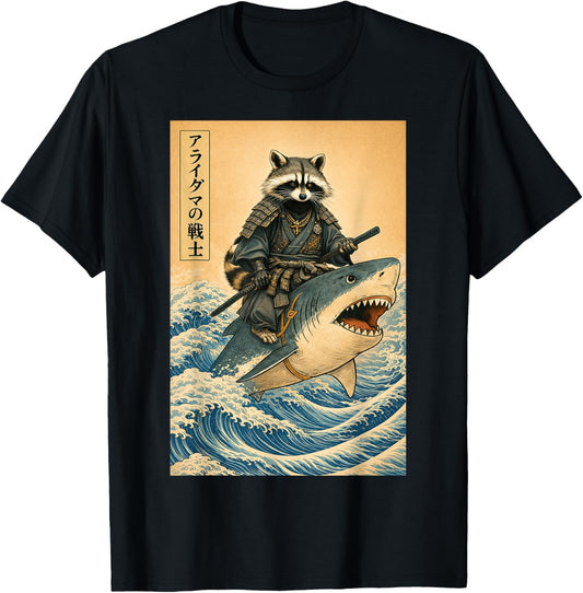 Funny Raccoon Samurai Japan Shark Men Boy Kid Japanese T-Shirt - T-Shirt | Black