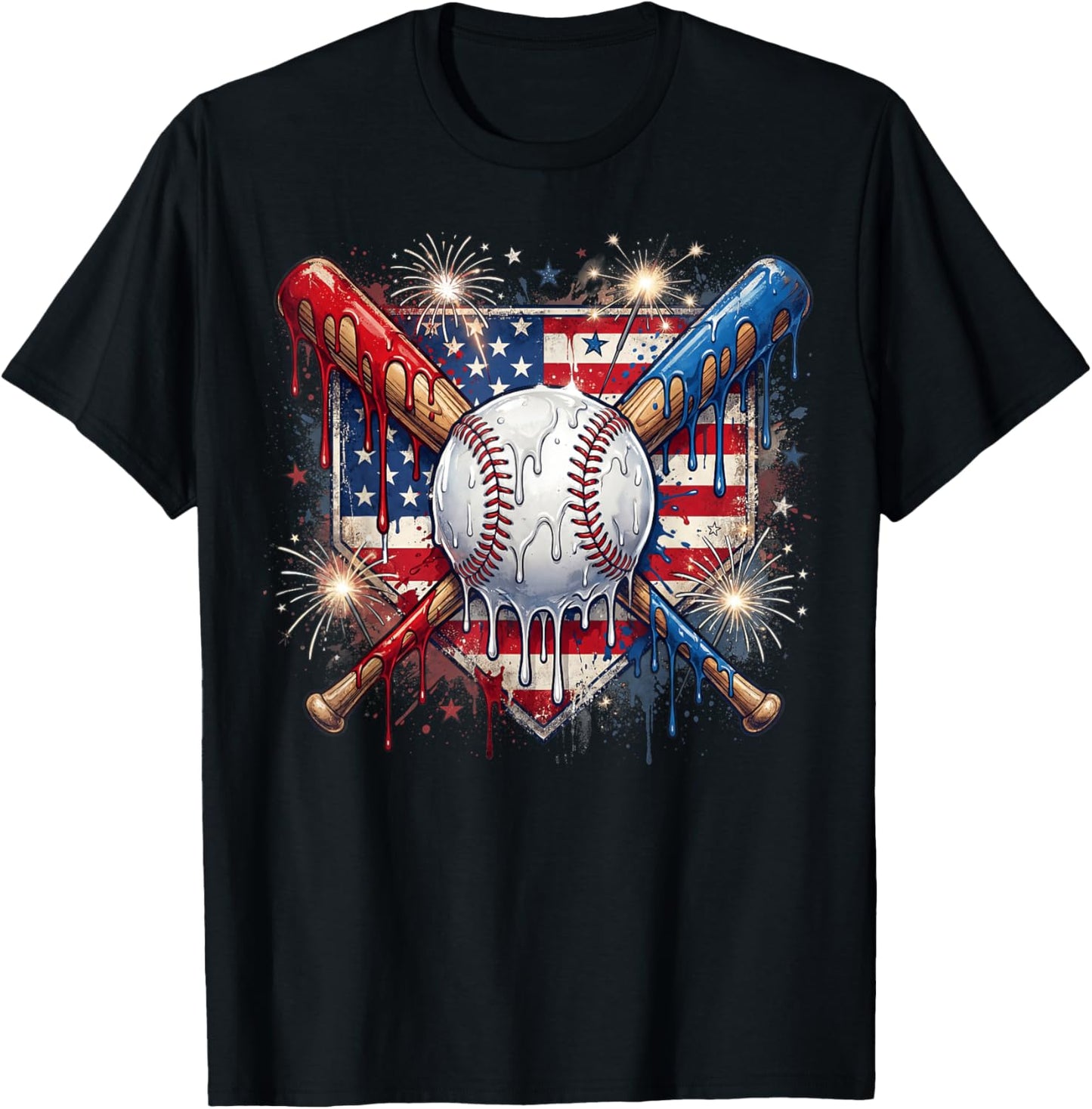 4th of July Baseball Drip Ice Cream Patriotic American Flag T-Shirt - T-Shirt | Black