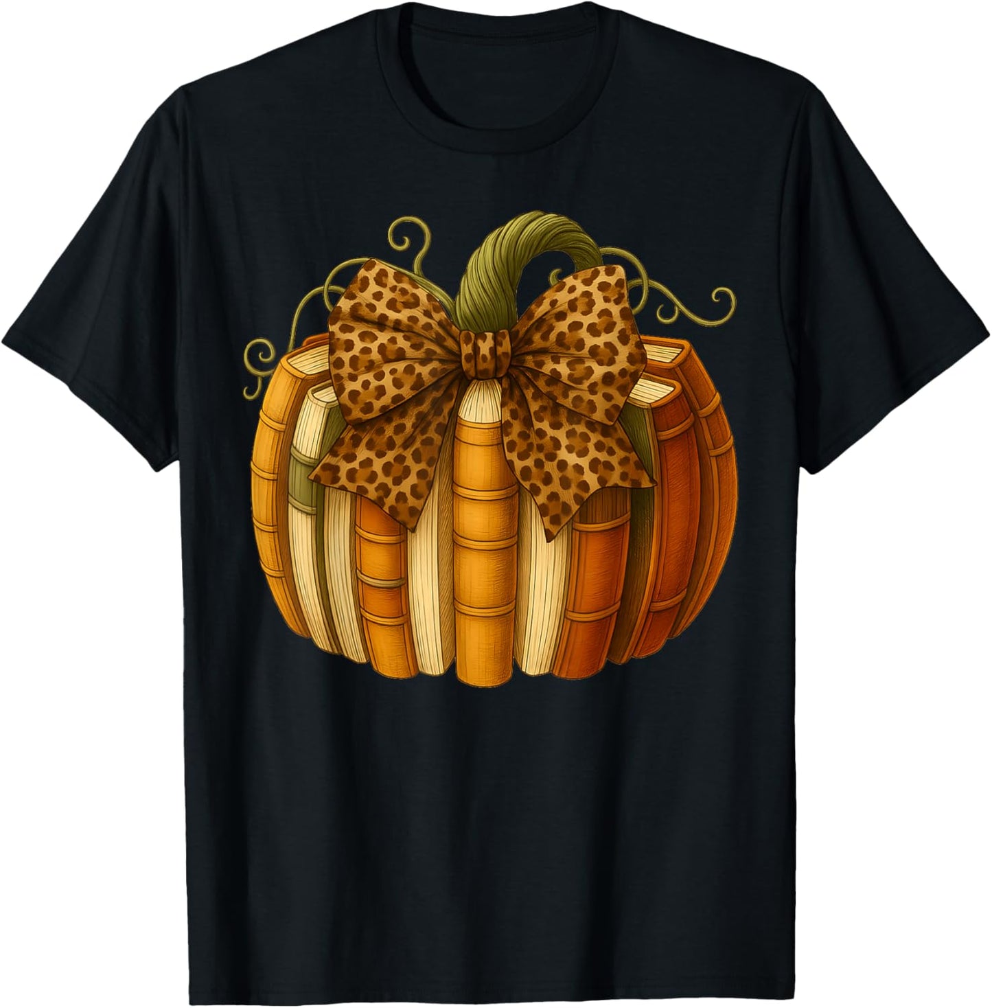 Leopard Bow Book Pumpkin Thanksgiving Fall Coquette Bow T-Shirt - T-Shirt | Black
