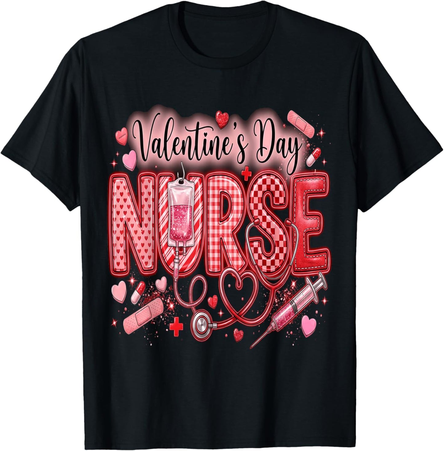 Red Healthcare ER RN CNA ICU Valentine Nurse Heart Nurses T-Shirt - T-Shirt | Black
